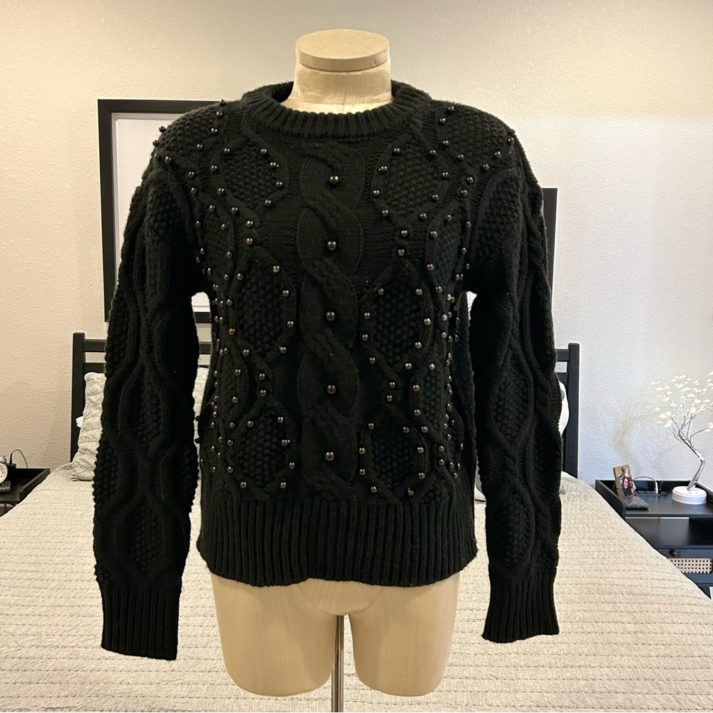Cliché Black Cable Knit Faux Black Pearls Sweater